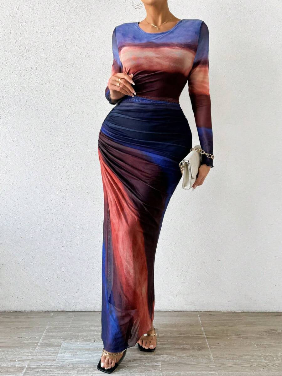 Women's Printed Long-Sleeve Bodycon Maxi Dress in Blue – front view | Hensley London