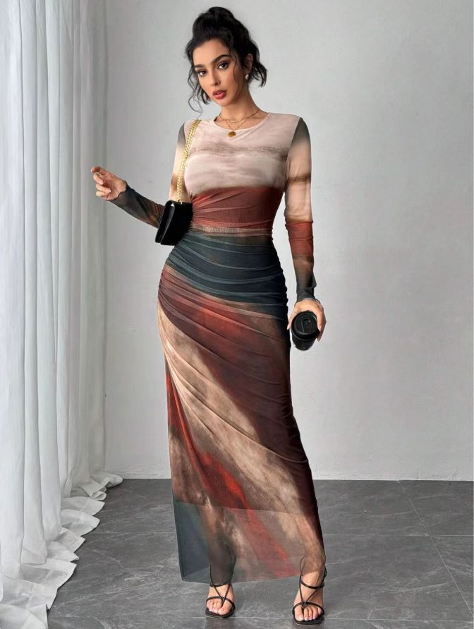 Women's Printed Long-Sleeve Bodycon Maxi Dress in Red Brown – front view | Hensley London