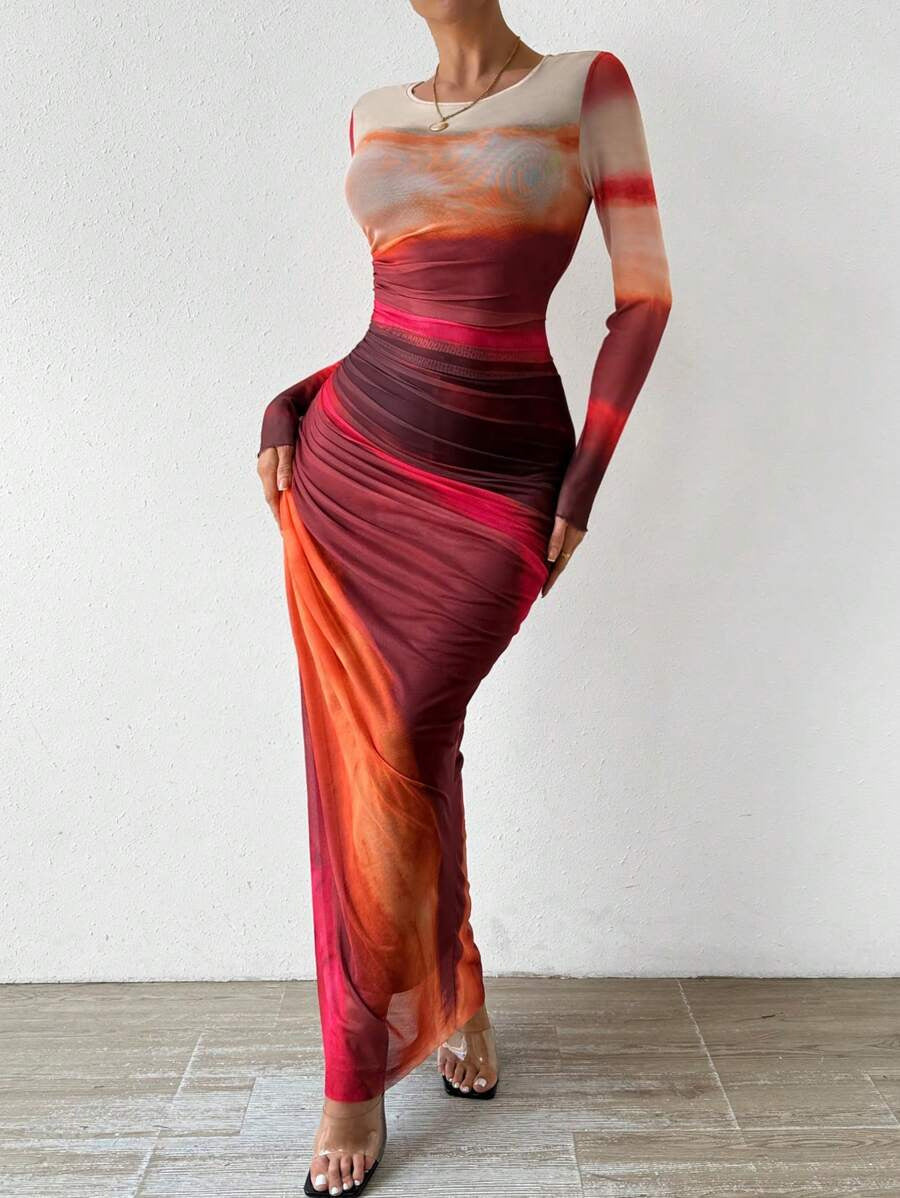 Women's Printed Long-Sleeve Bodycon Maxi Dress in Red – front view | Hensley London