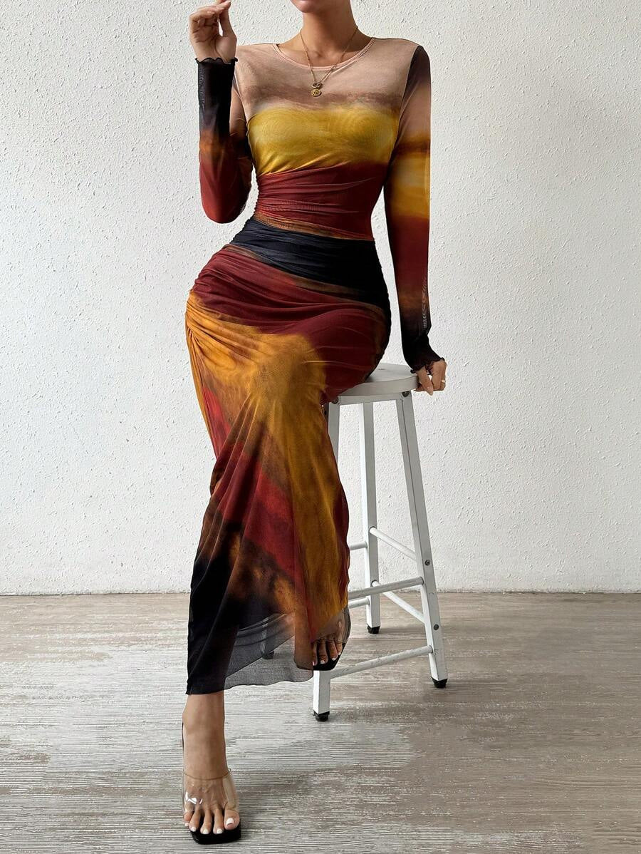 Women's Printed Long-Sleeve Bodycon Maxi Dress in Khaki – front view | Hensley London