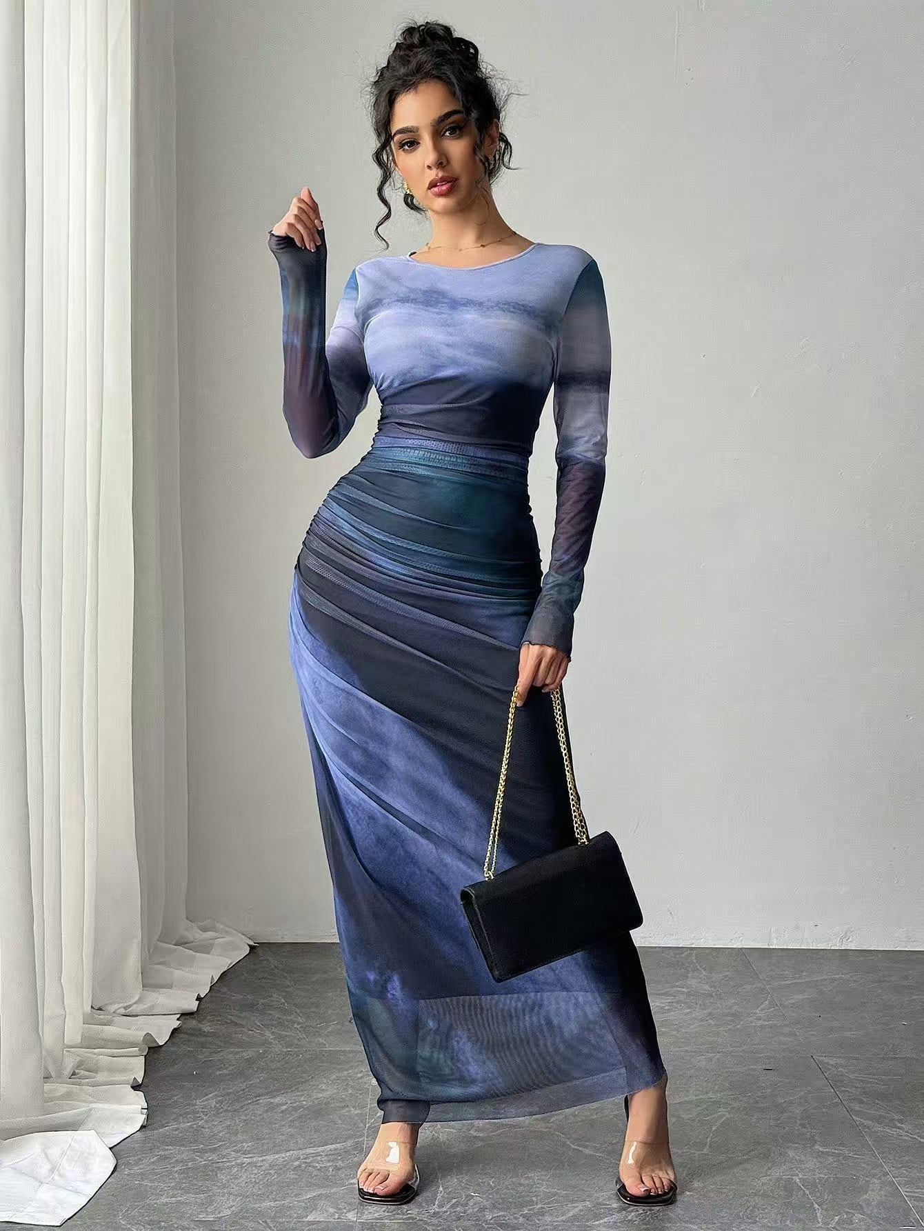 Women's Printed Long-Sleeve Bodycon Maxi Dress in Blue Grey – front view | Hensley London