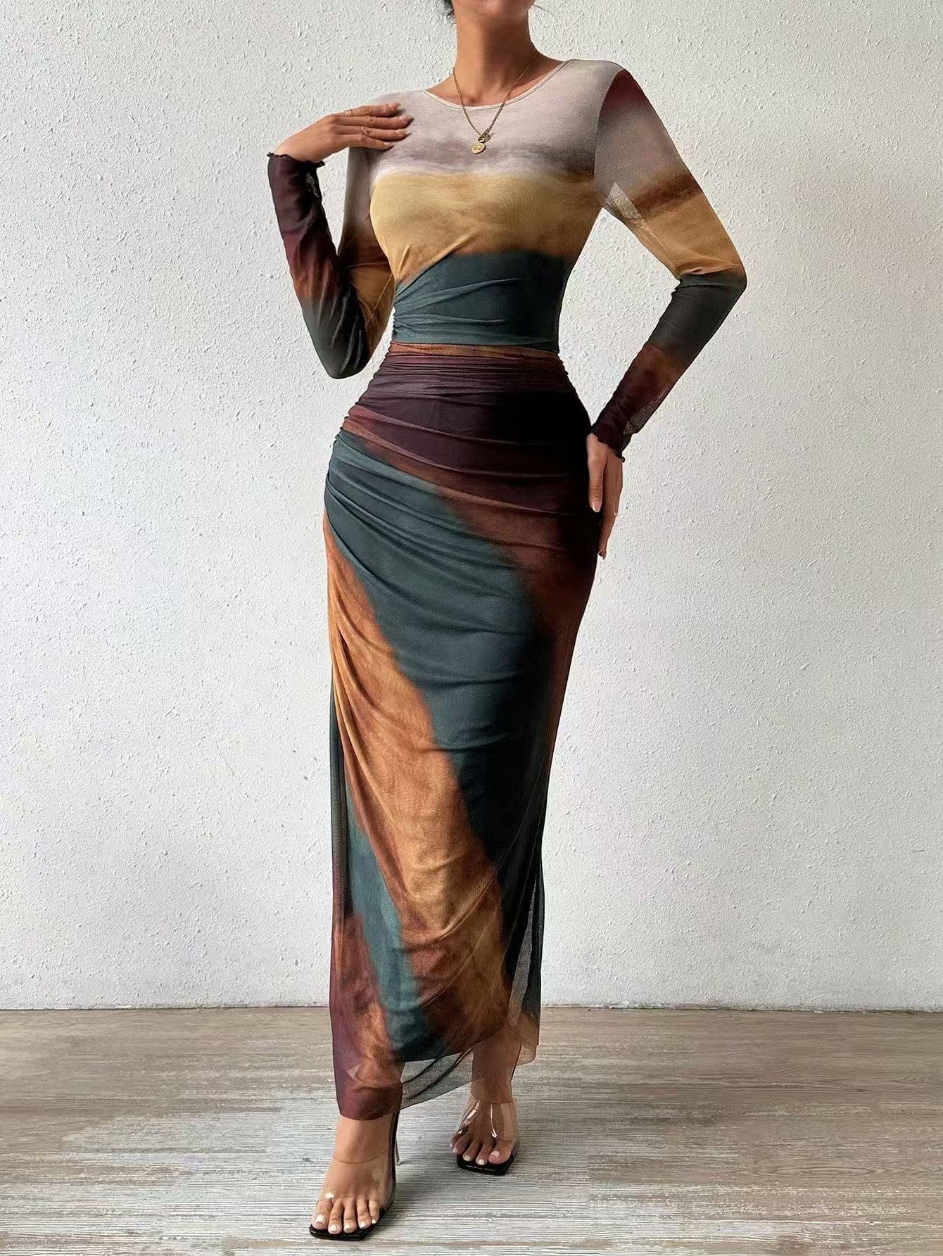 Women's Printed Long-Sleeve Bodycon Maxi Dress in Yellow – front view | Hensley London