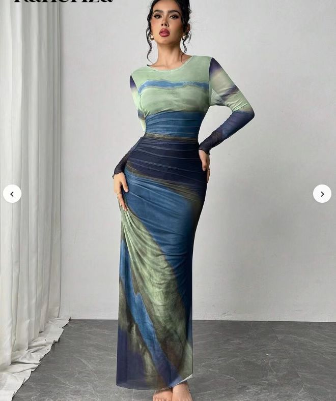 Women's Printed Long-Sleeve Bodycon Maxi Dress in Blue Green – front view | Hensley London