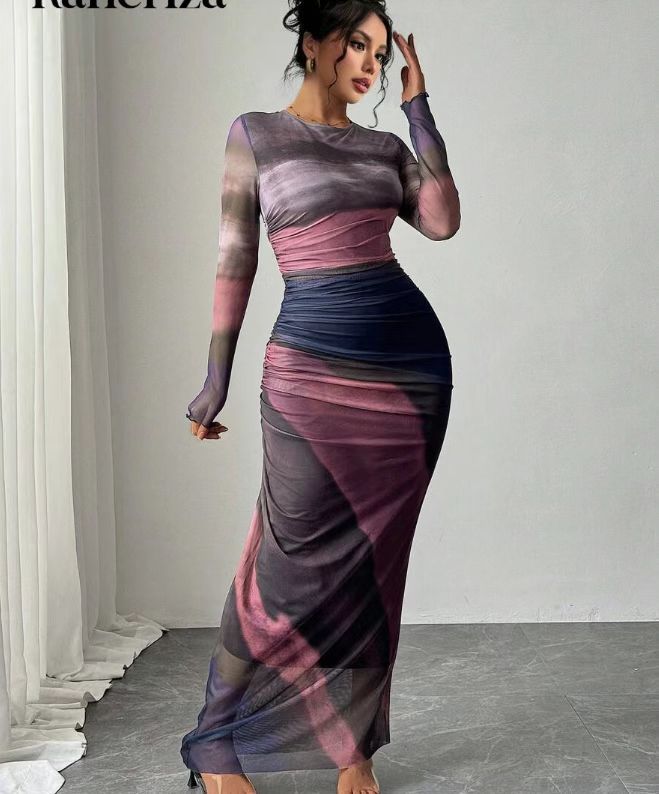 Women's Printed Long-Sleeve Bodycon Maxi Dress in Purple – front view | Hensley London
