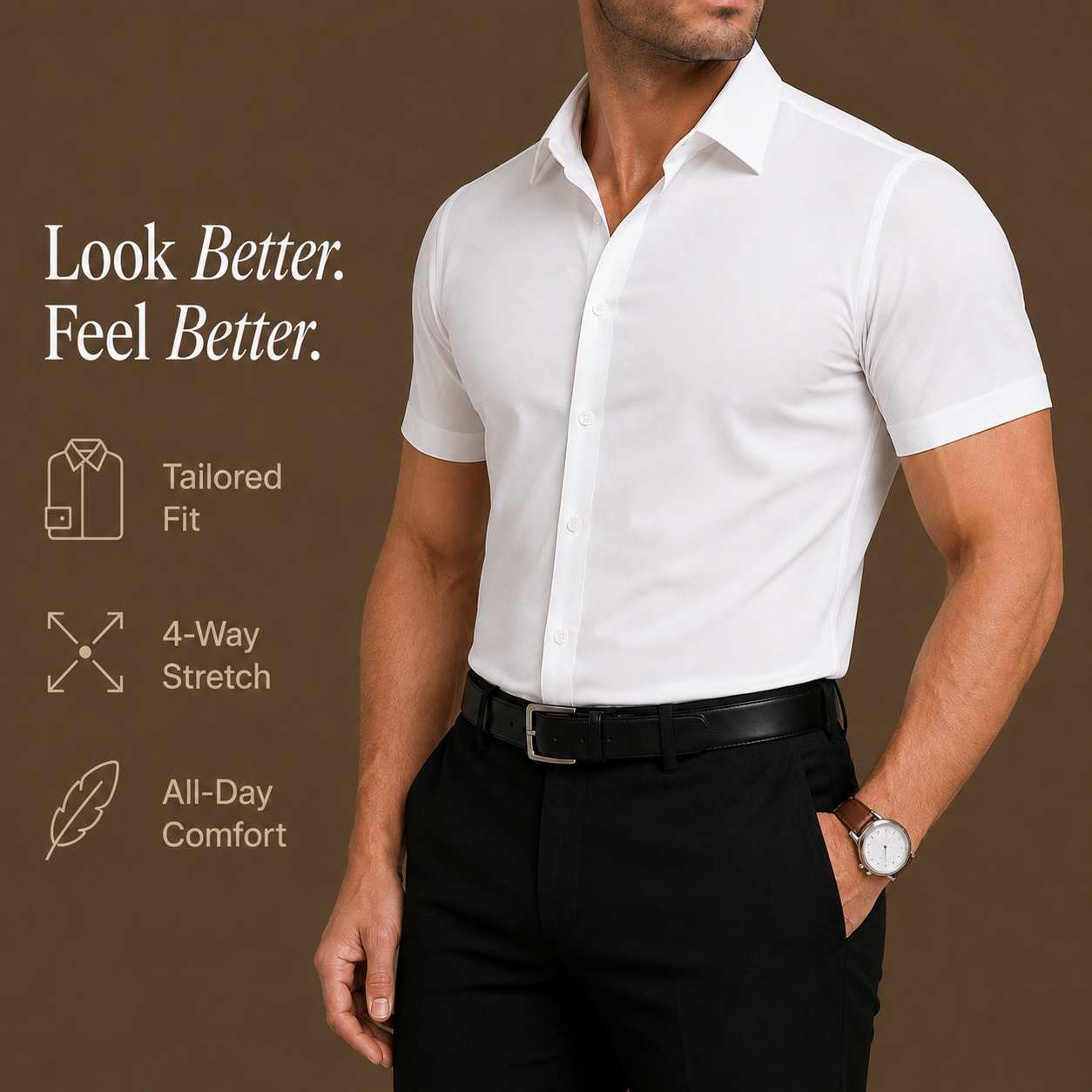 Men's Stretch Cotton Short-Sleeve Dress Shirt – back view | Hensley London