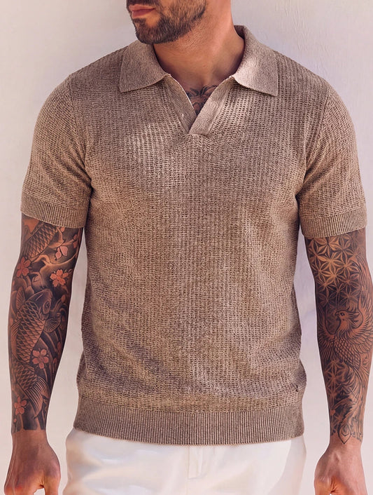 Men's Textured Knit Open Collar Polo Shirt in Khaki – front view | Hensley London