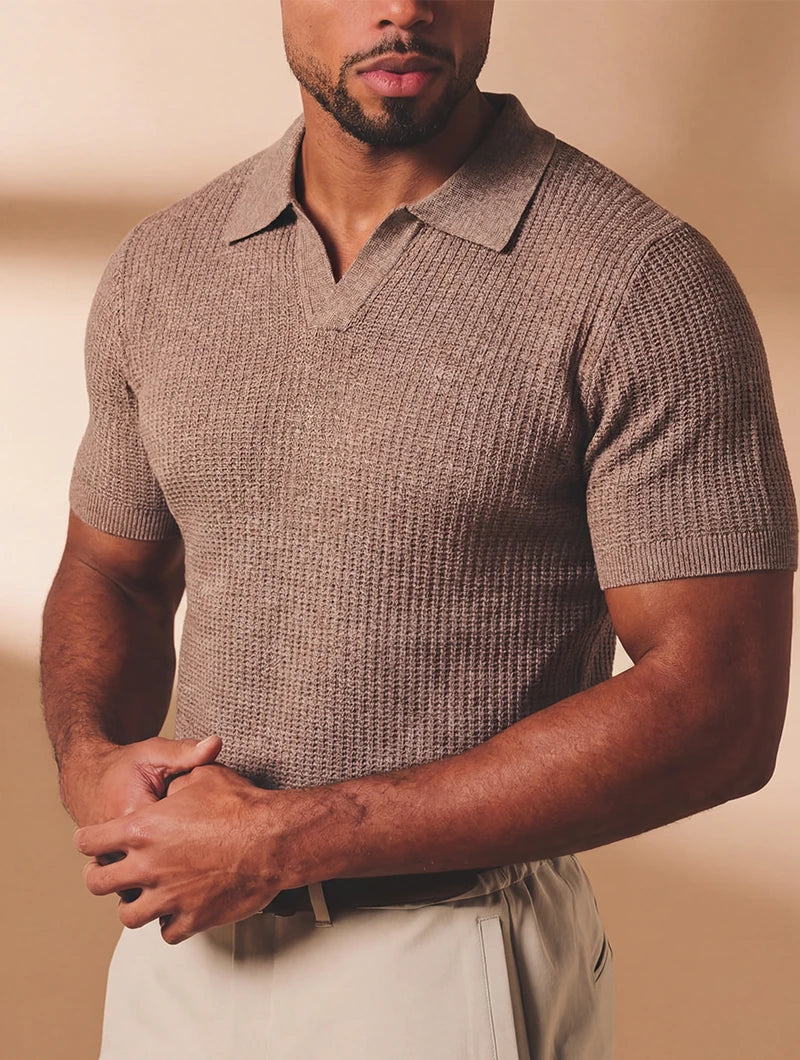 Men's Textured Knit Open Collar Polo Shirt in Khaki – side view | Hensley London