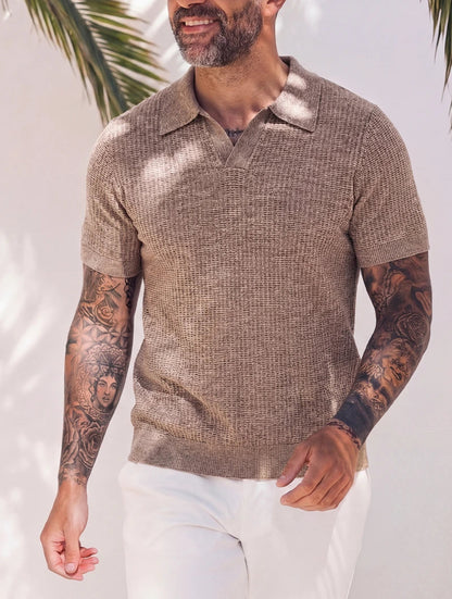 Men's Textured Knit Open Collar Polo Shirt in Khaki – back view | Hensley London