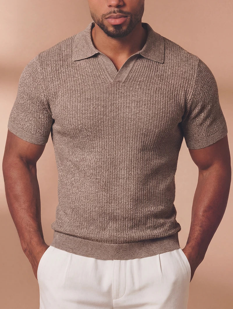 Men's Textured Knit Open Collar Polo Shirt in Khaki – detail view | Hensley London