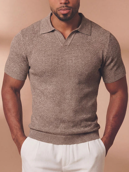 Men's Textured Knit Open Collar Polo Shirt in Khaki – detail view | Hensley London