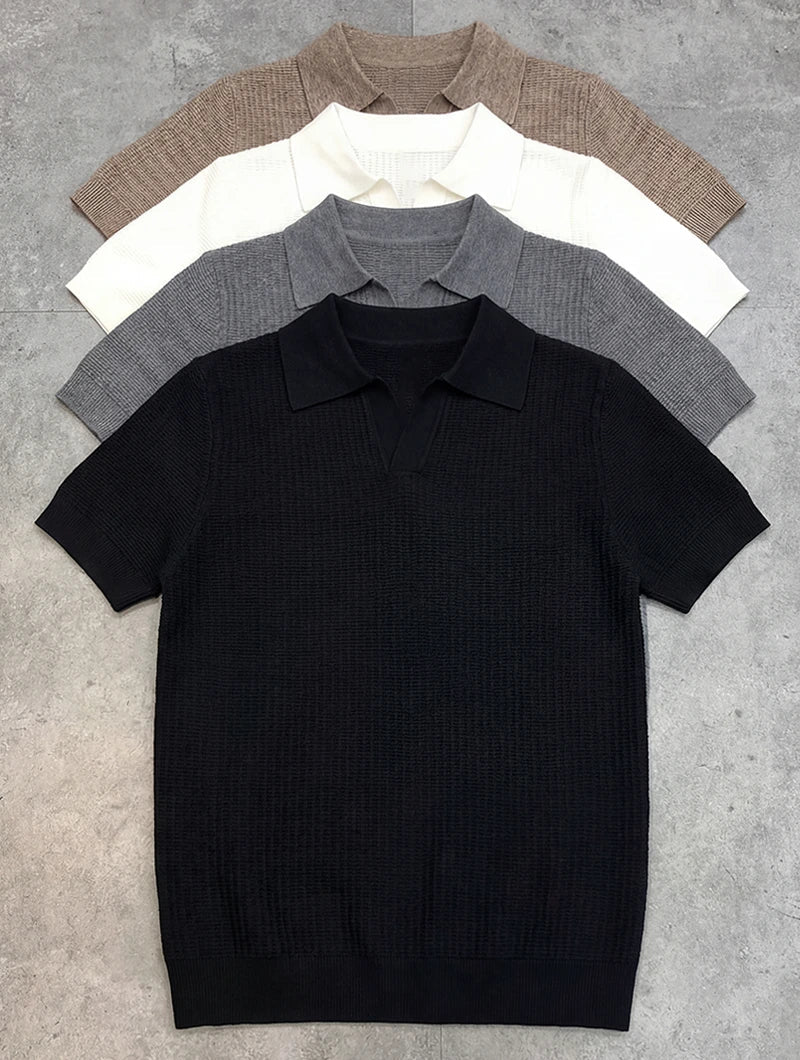 Men's Textured Knit Open Collar Polo Shirt in Khaki – styled view | Hensley London