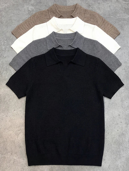 Men's Textured Knit Open Collar Polo Shirt in Khaki – styled view | Hensley London