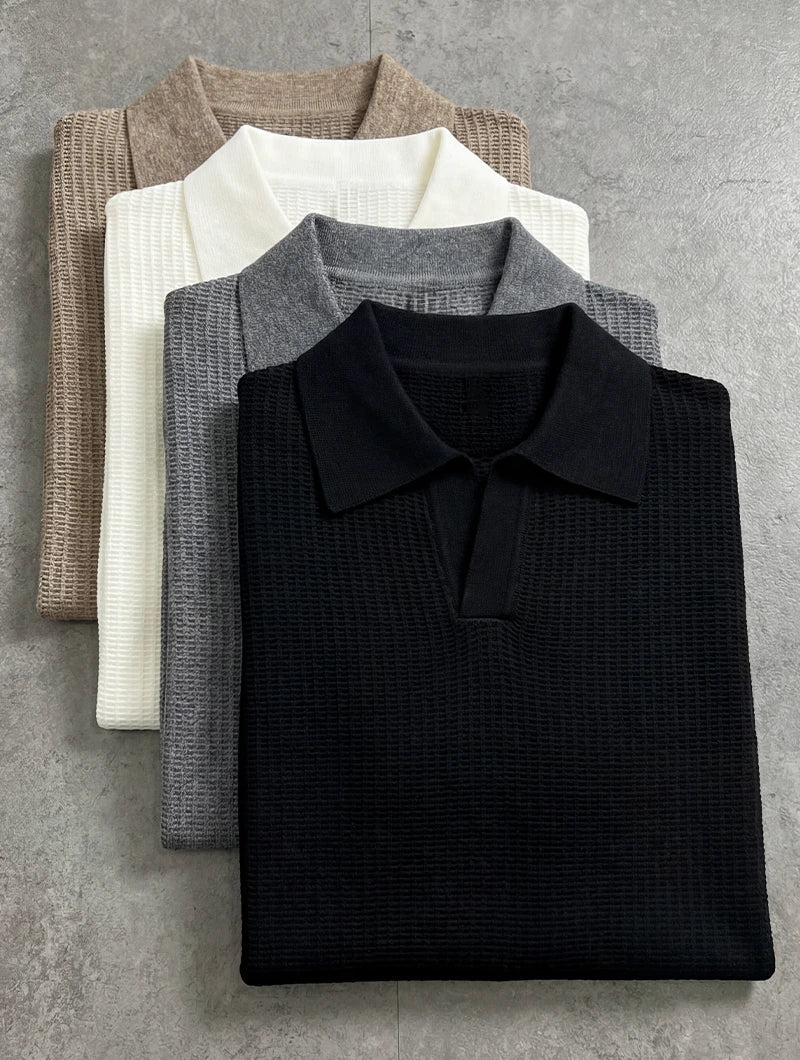 Men's Textured Knit Open Collar Polo Shirt in Khaki – close-up view | Hensley London