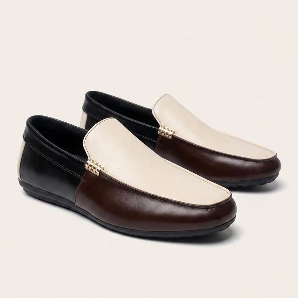 Men's Two-Tone Leather Driving Loafers in Brown – front view | Hensley London