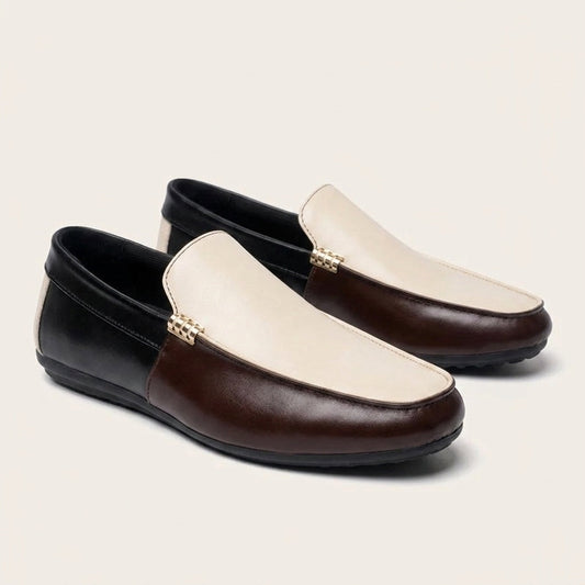 Men's Two-Tone Leather Driving Loafers in Brown – front view | Hensley London