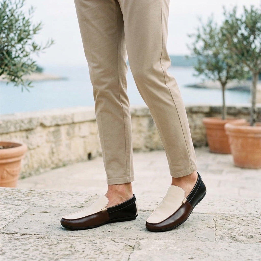 Men's Two-Tone Leather Driving Loafers in Navy – detail view | Hensley London
