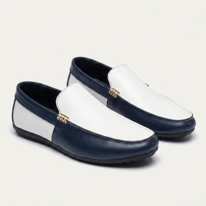 Men's Two-Tone Leather Driving Loafers in Navy – top view | Hensley London