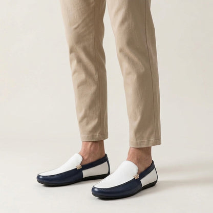 Men's Two-Tone Leather Driving Loafers in Brown – styled view | Hensley London