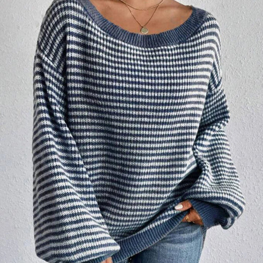 Women's Striped Wide-Neck Lantern-Sleeve Sweater in Blue – product view | Hensley London