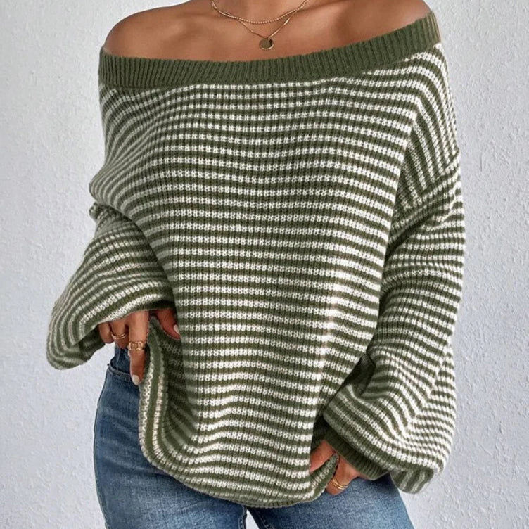 Women's Striped Wide-Neck Lantern-Sleeve Sweater in Green – additional product view | Hensley London