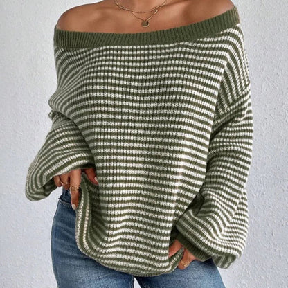 Women's Striped Wide-Neck Lantern-Sleeve Sweater in Green – additional product view | Hensley London