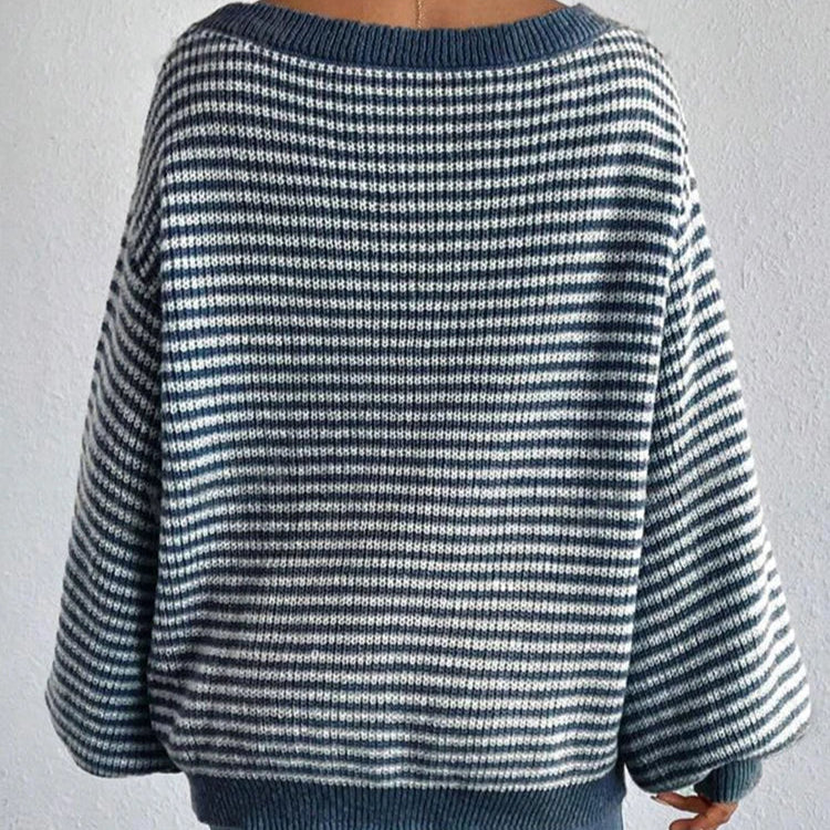 Women's Striped Wide-Neck Lantern-Sleeve Sweater – additional product view | Hensley London