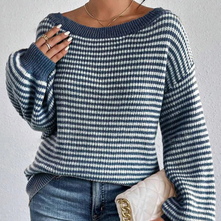 Women's Striped Wide-Neck Lantern-Sleeve Sweater – additional product view | Hensley London