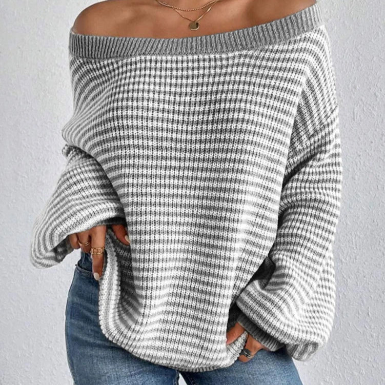 Women's Striped Wide-Neck Lantern-Sleeve Sweater in Gray – additional product view | Hensley London