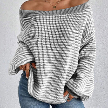 Women's Striped Wide-Neck Lantern-Sleeve Sweater in Gray – additional product view | Hensley London