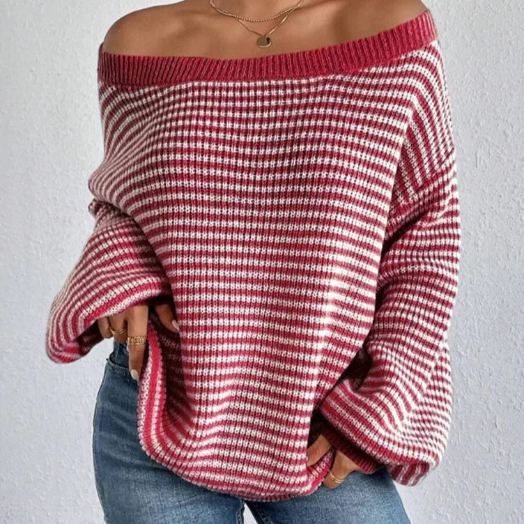 Women's Striped Wide-Neck Lantern-Sleeve Sweater in Red – additional product view | Hensley London