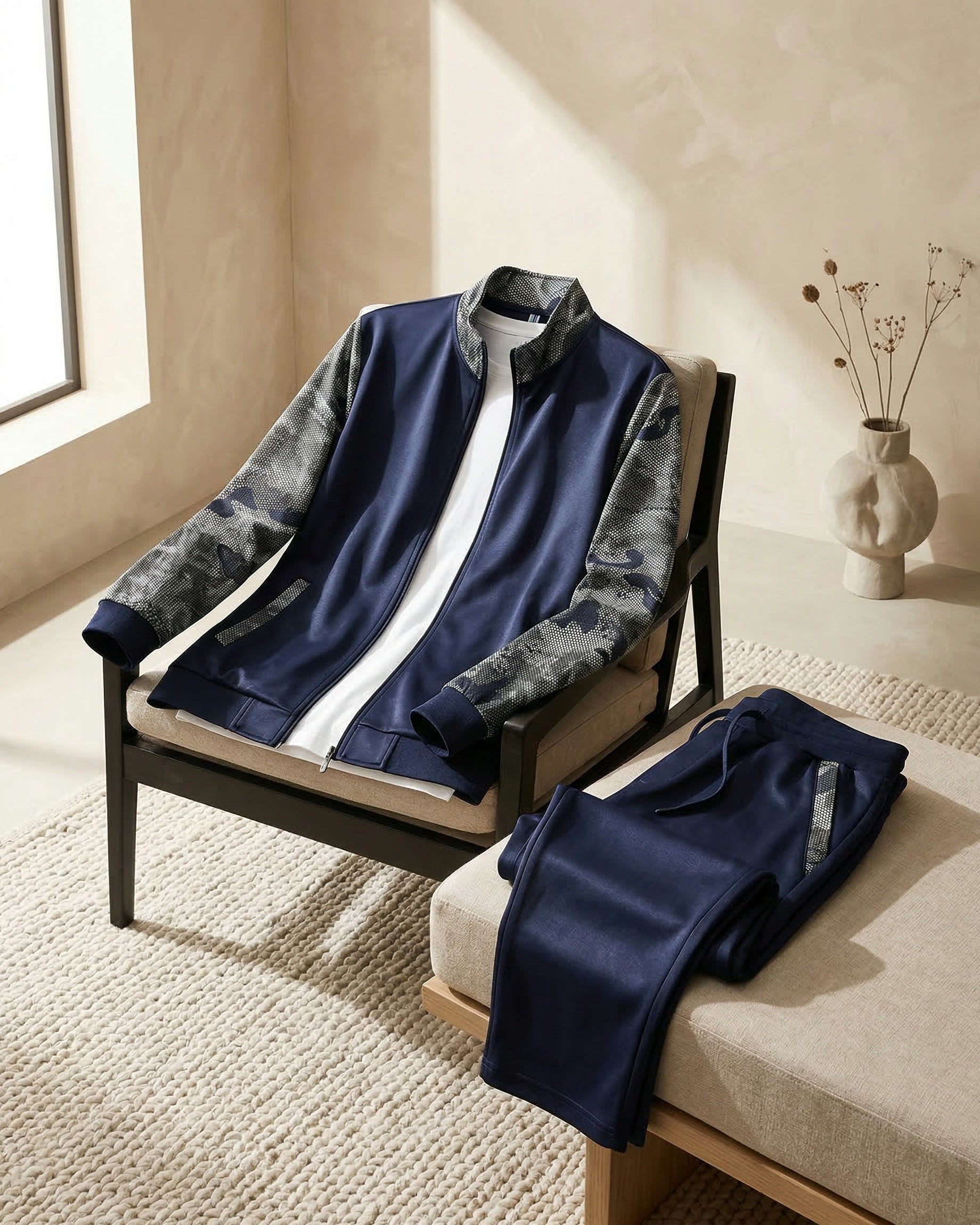 Men's Knit Zip-Front Track Set in Black – front view | Hensley London