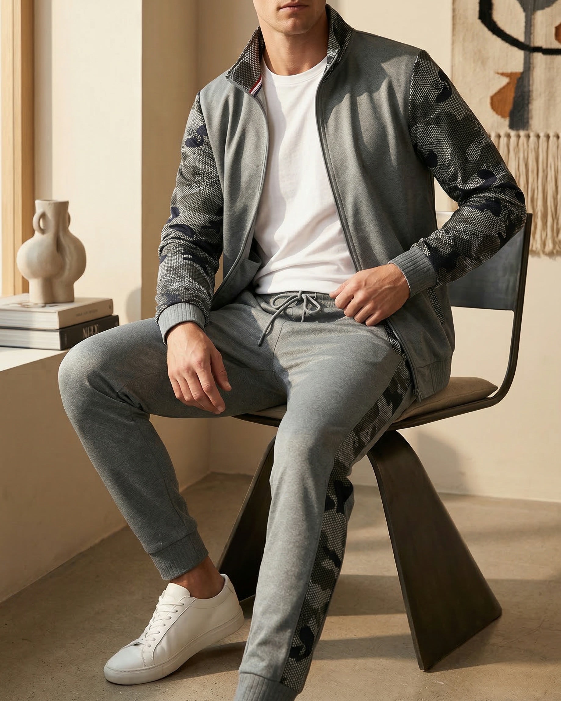 Men's Knit Zip-Front Track Set in Black – side view | Hensley London