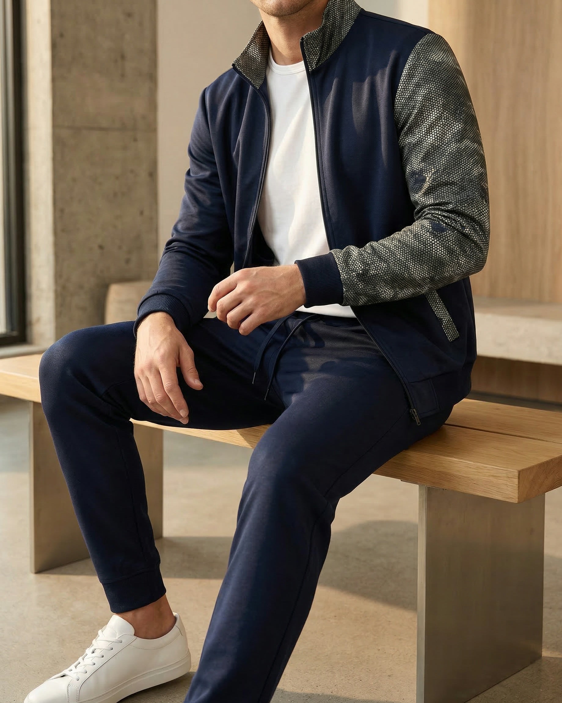 Men's Knit Zip-Front Track Set in Light Gray – detail view | Hensley London