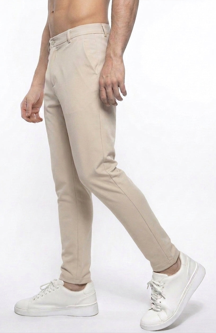 Men's Stretch Cotton Chino Trousers in Beige – product view | Hensley London