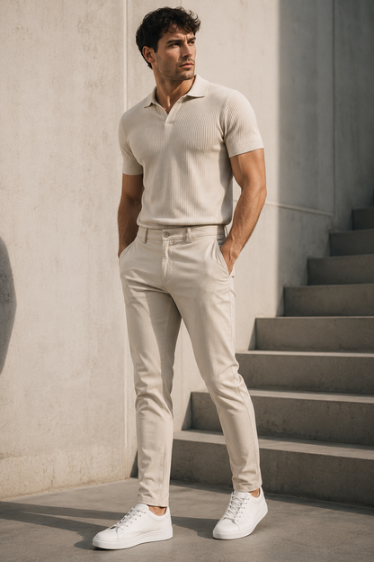 Men's Stretch Cotton Chino Trousers in Beige – product view | Hensley London