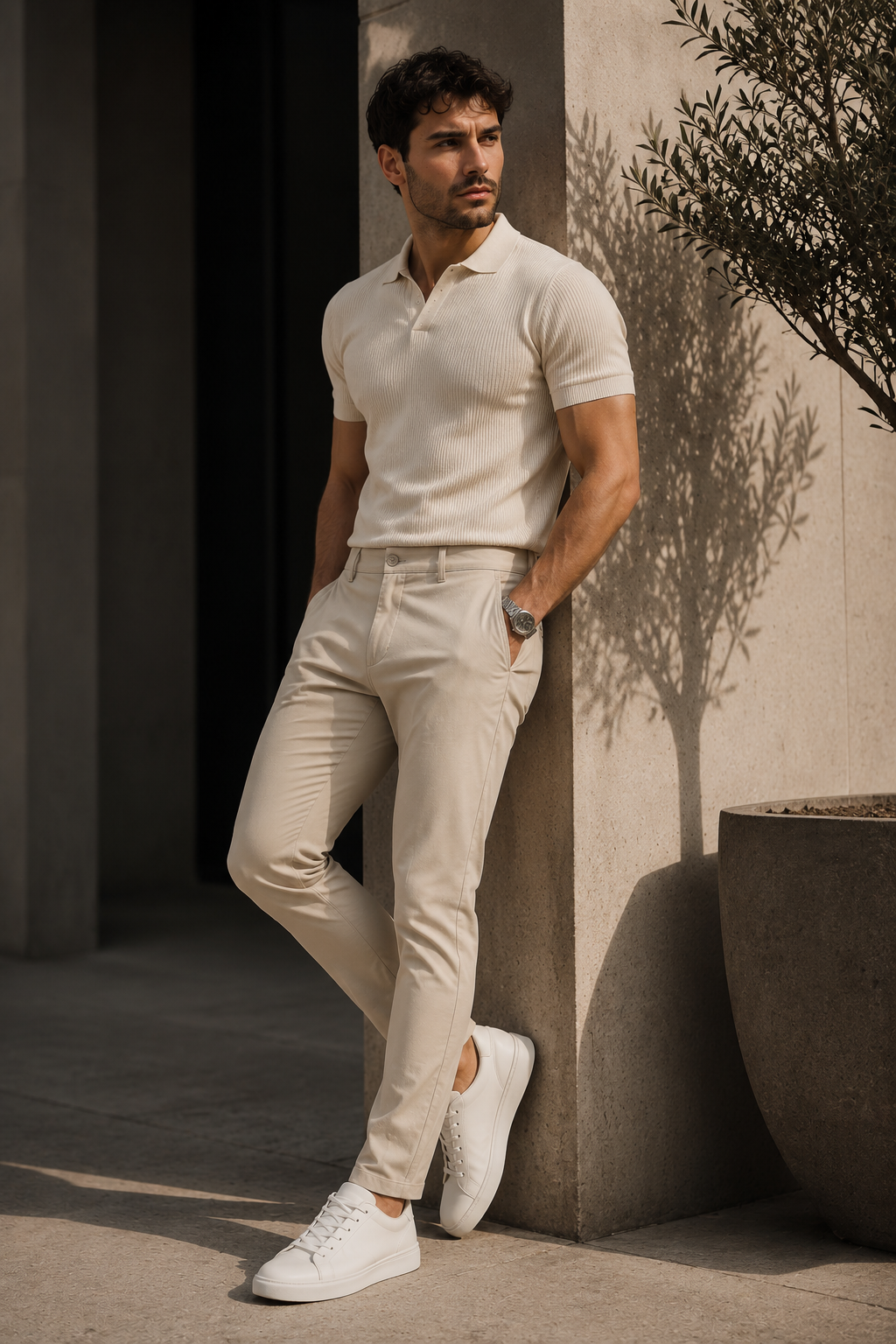 Men's Stretch Cotton Chino Trousers in Beige – product view | Hensley London