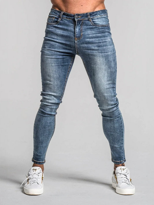 Men's Slim-Fit Stretch Jeans in Blue – front view | Hensley London