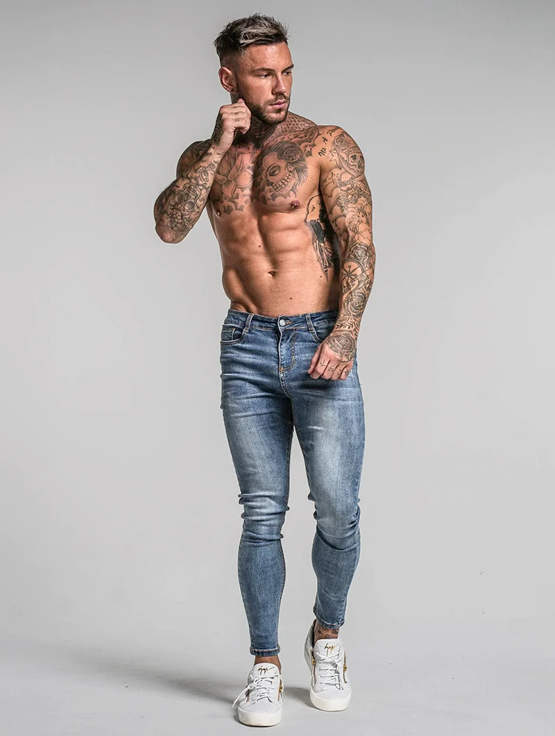 Men's Slim-Fit Stretch Jeans in Blue – detail view | Hensley London