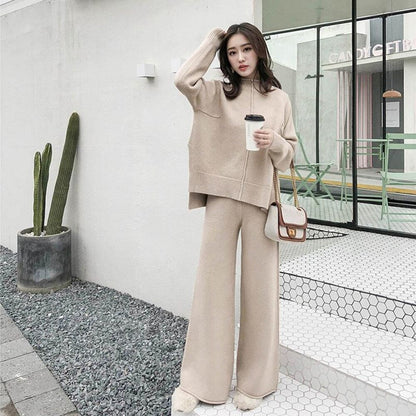 Thick Knitted Two-Piece Set Turtleneck Sweater and Pants 1