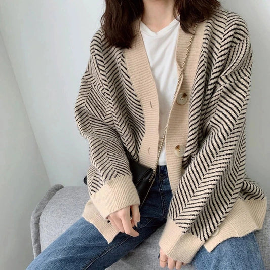 Thick and Loose Knitted Striped Long Sleeve Winter Cardigan Sweaters 0