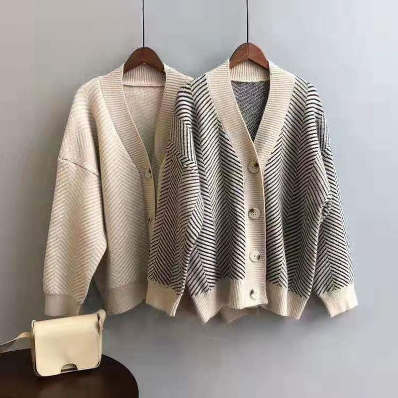 Thick and Loose Knitted Striped Long Sleeve Winter Cardigan Sweaters 2