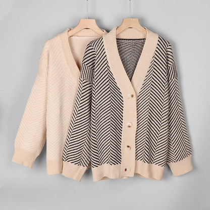 Thick and Loose Knitted Striped Long Sleeve Winter Cardigan Sweaters 3