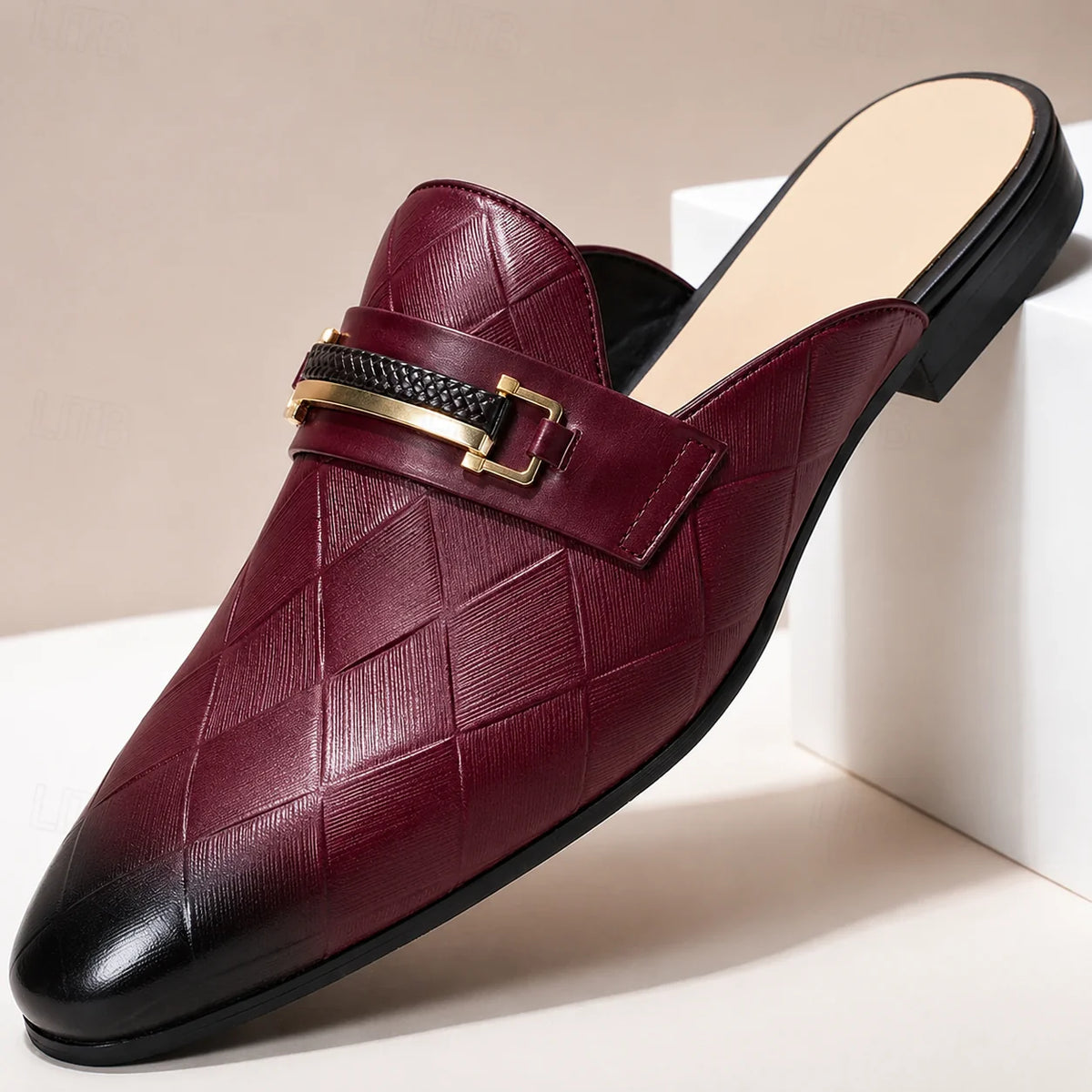 Men's Quilted-Effect Hardware Mules in Red – product view | Hensley London