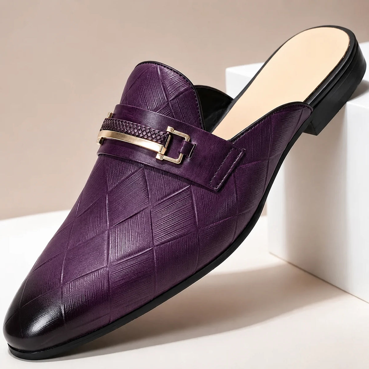 Men's Quilted-Effect Hardware Mules in Purple – product view | Hensley London