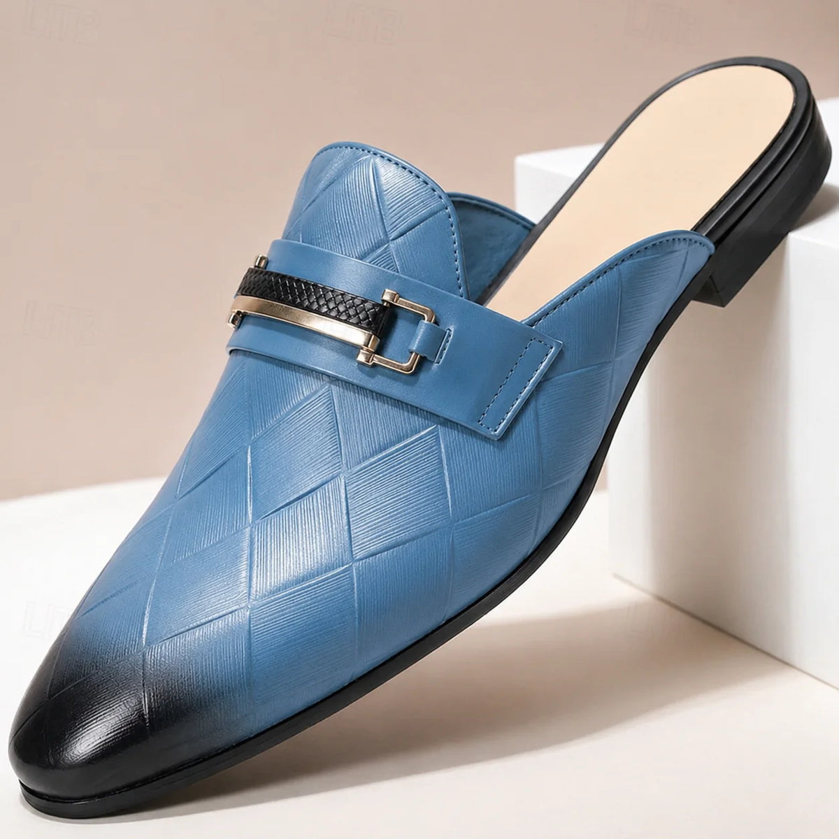 Men's Quilted-Effect Hardware Mules in Sky Blue – product view | Hensley London