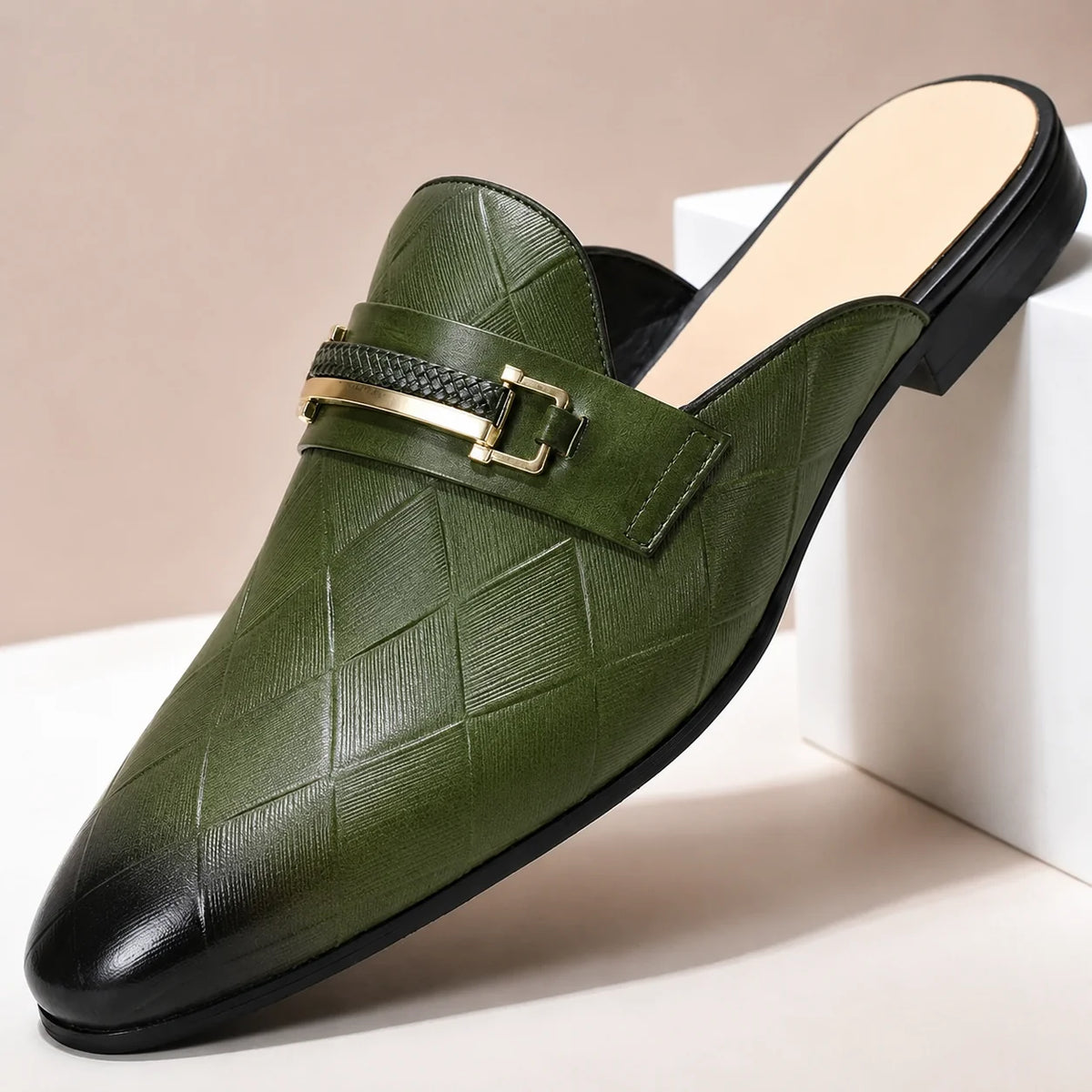 Men's Quilted-Effect Hardware Mules in Green – product view | Hensley London