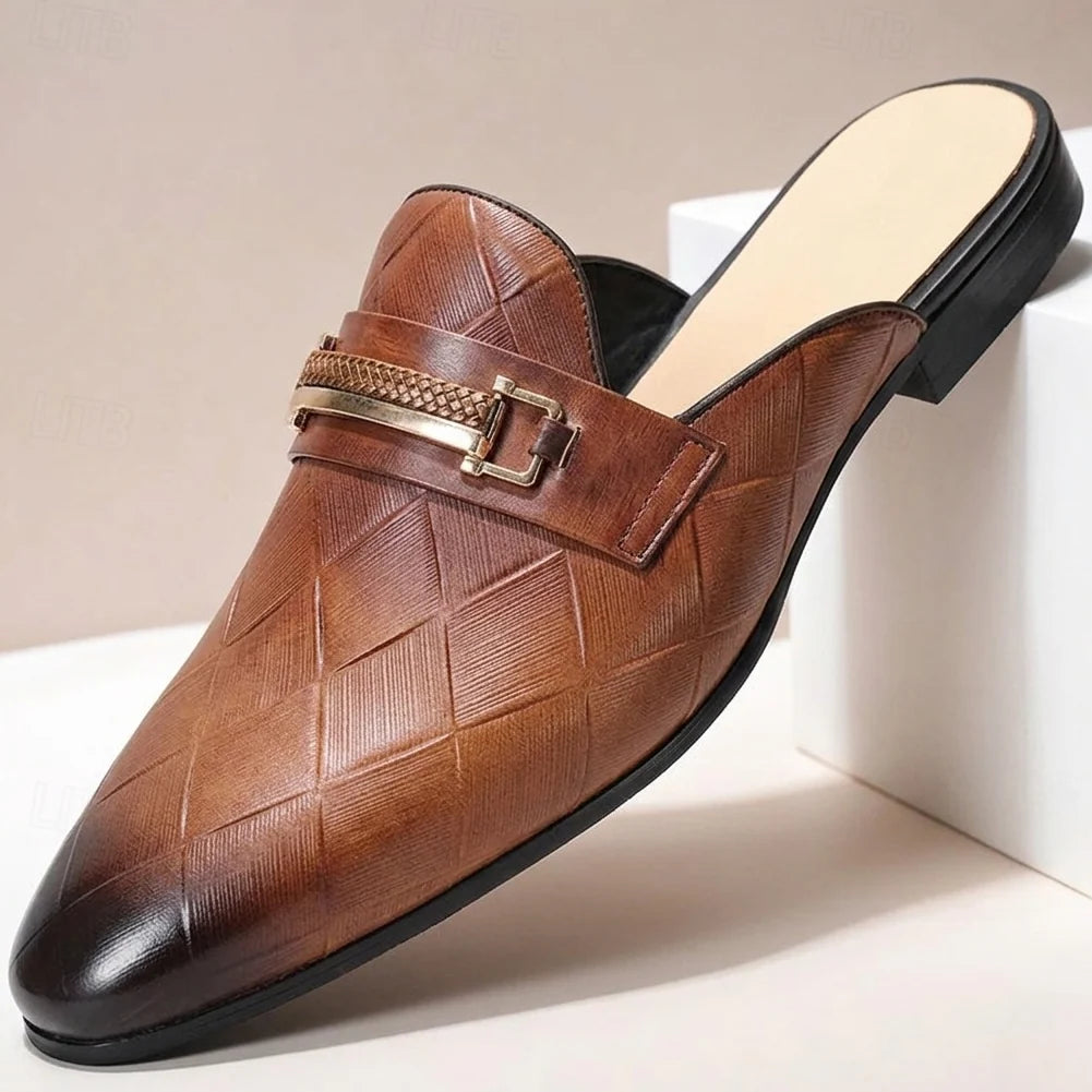 Men's Quilted-Effect Hardware Mules in Light Brown – product view | Hensley London