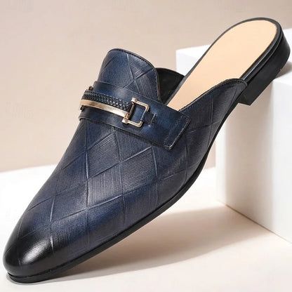 Men's Quilted-Effect Hardware Mules in Dark Blue – product view | Hensley London