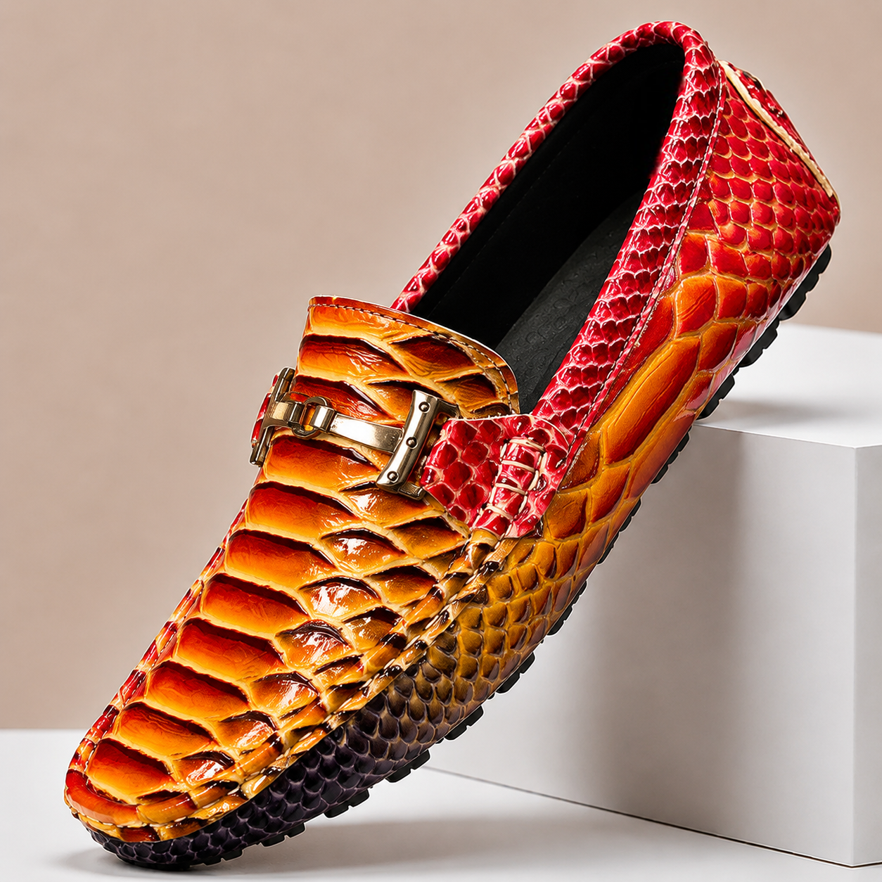 Men's Genuine Leather Embossed Slip-On Loafers in Red – front view | Hensley London