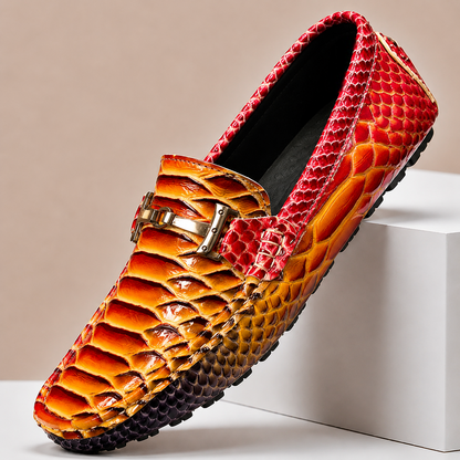 Men's Genuine Leather Embossed Slip-On Loafers in Red – front view | Hensley London